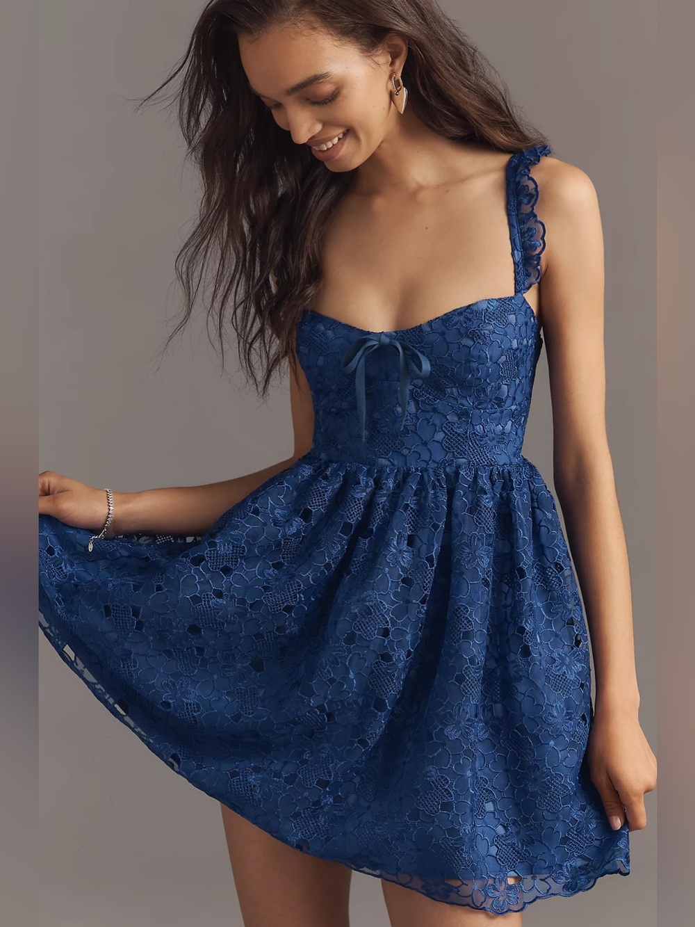 Anthropologie Blue Ruffle-Strap Corset Lace Mini Dress Size XS NWT